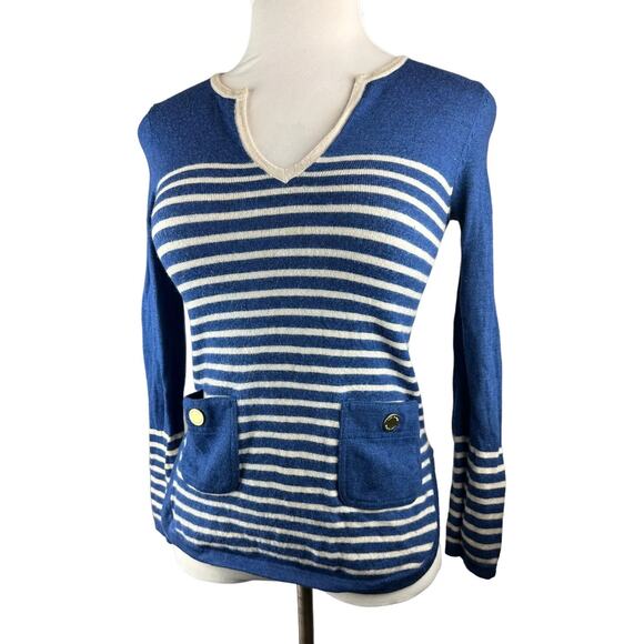 Tory Burch Odessa Merino Wool V-Neck Striped Wool Sweater Blue Small? H12151 - Picture 3 of 16